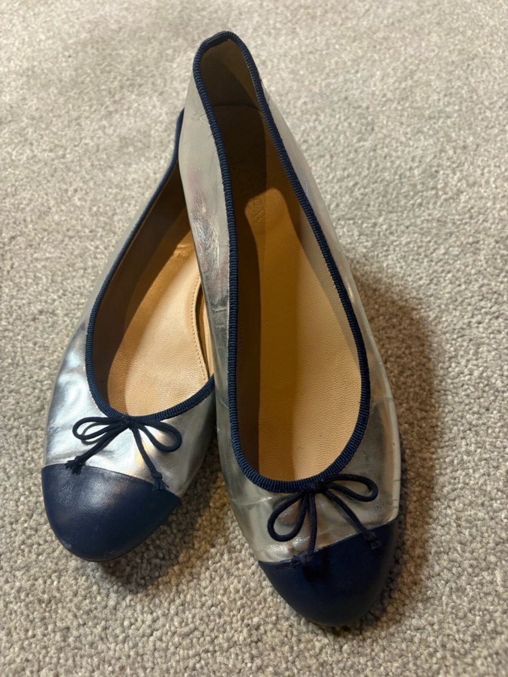 J. Crew Metallic Silver and Navy Cap-Toe Ballet Flats